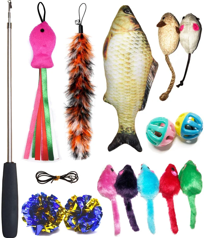 Juego de juguetes para gatos PETOY, juguete para gatos retráctil de pared, pez gato, juguete interactivo de plumas de gato, bolas de crincle de Mylar, dos ratones de algodón, dos ratones esponjosos