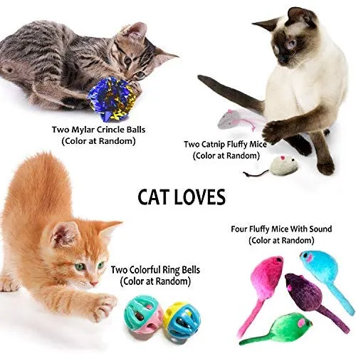 Juego de juguetes para gatos PETOY, juguete para gatos retráctil de pared, pez gato, juguete interactivo de plumas de gato, bolas de crincle de Mylar, dos ratones de algodón, dos ratones esponjosos
