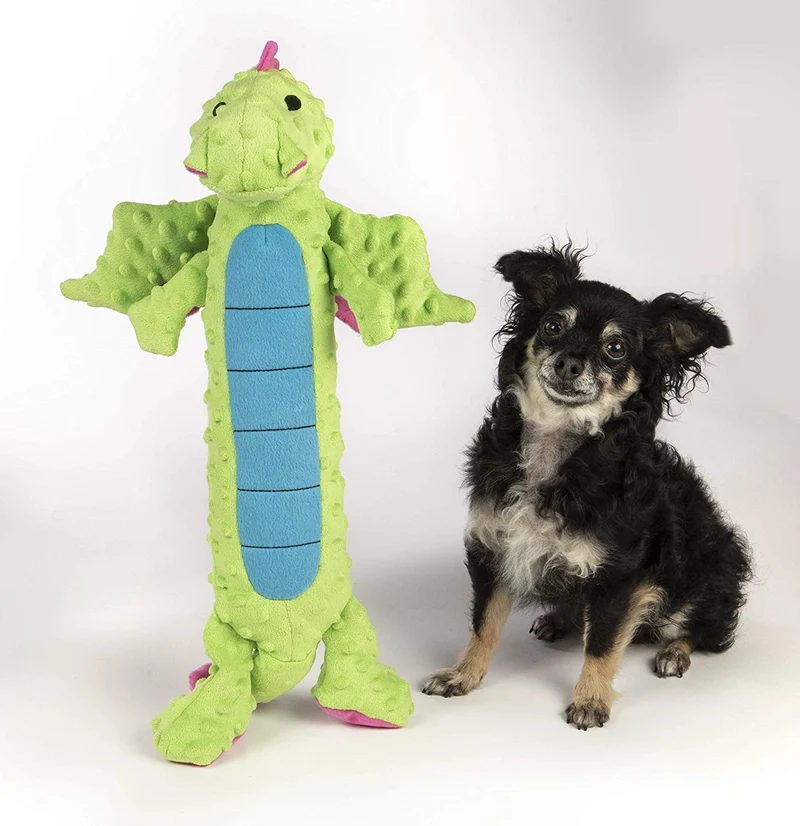 GoDog Skinny Dragons con protector para masticar, juguetes para perros de peluche duraderos con chirriadores