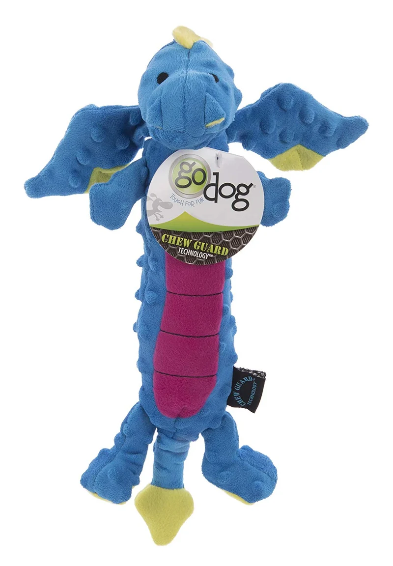 GoDog Skinny Dragons con protector para masticar, juguetes para perros de peluche duraderos con chirriadores