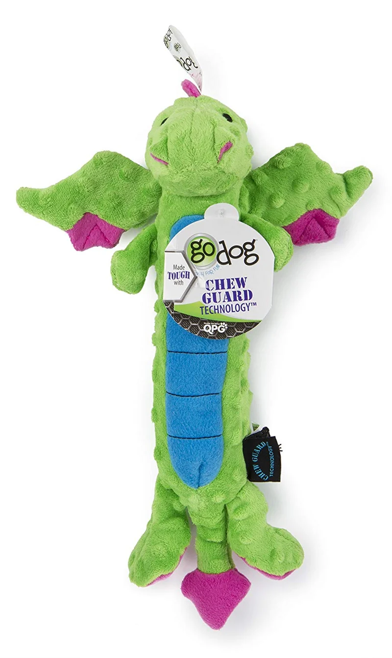 GoDog Skinny Dragons con protector para masticar, juguetes para perros de peluche duraderos con chirriadores