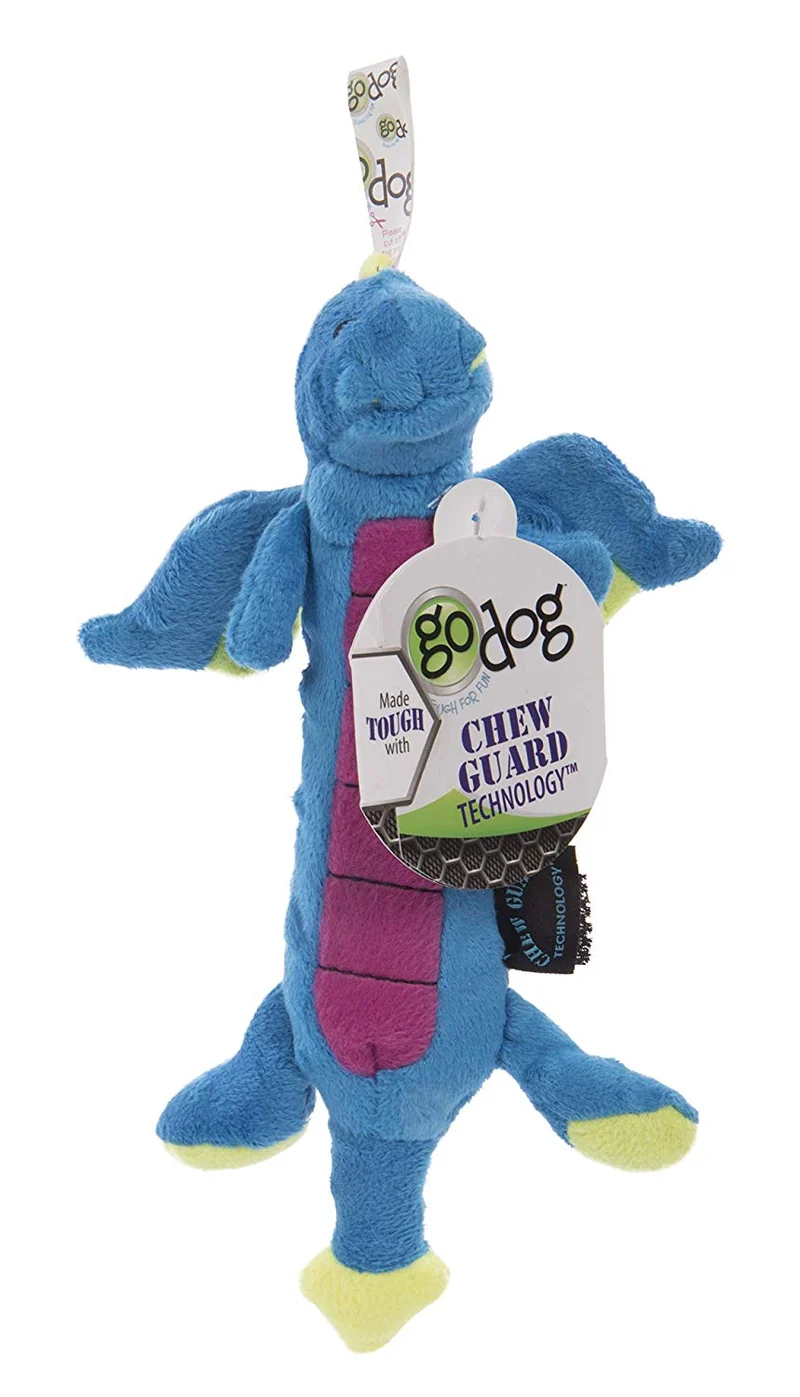GoDog Skinny Dragons con protector para masticar, juguetes para perros de peluche duraderos con chirriadores