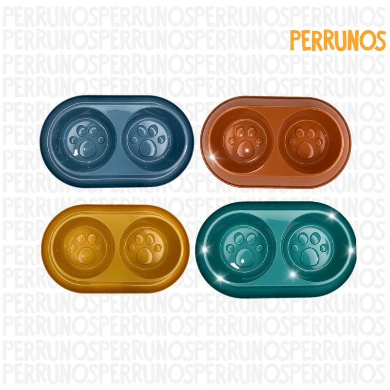 Plato Doble para Perros con Diseño de Huellas