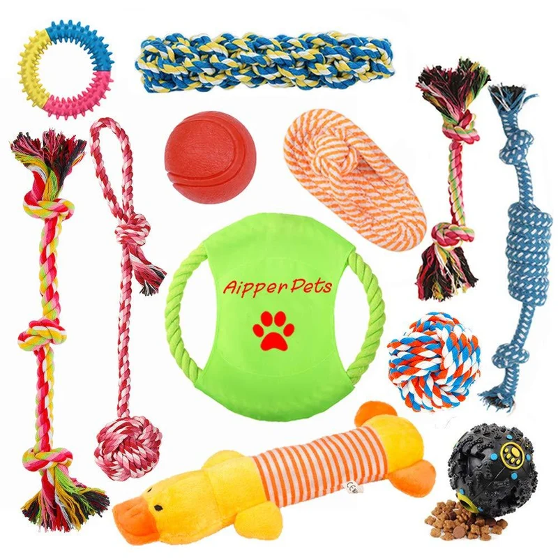 Aipper Juguetes para cachorros de perro, 12 unidades, juguetes para masticar cachorros para jugar y limpiar los dientes, juguetes de chirriar IQ Treat Ball y disco volador de perro incluido, juguetes para morder cachorros para perros medianos a pequeños,
