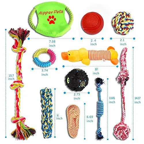 Aipper Juguetes para cachorros de perro, 12 unidades, juguetes para masticar cachorros para jugar y limpiar los dientes, juguetes de chirriar IQ Treat Ball y disco volador de perro incluido, juguetes para morder cachorros para perros medianos a pequeños,