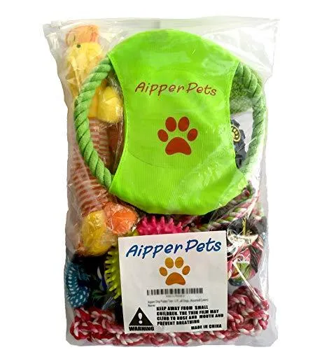 Aipper Juguetes para cachorros de perro, 12 unidades, juguetes para masticar cachorros para jugar y limpiar los dientes, juguetes de chirriar IQ Treat Ball y disco volador de perro incluido, juguetes para morder cachorros para perros medianos a pequeños,