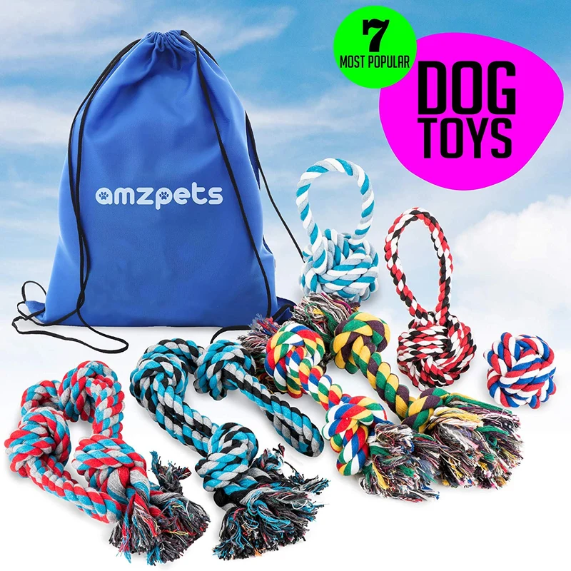 AMZpets Juego de juguetes para perros grandes y masticadores agresivos, 7 cuerdas de algodón casi indestructibles. Juego de juguetes dentales resistentes y duraderos para masticar razas grandes, dientes de cachorro, juego de guerra