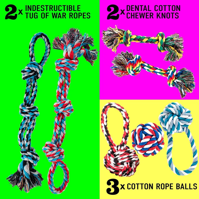 AMZpets Juego de juguetes para perros grandes y masticadores agresivos, 7 cuerdas de algodón casi indestructibles. Juego de juguetes dentales resistentes y duraderos para masticar razas grandes, dientes de cachorro, juego de guerra