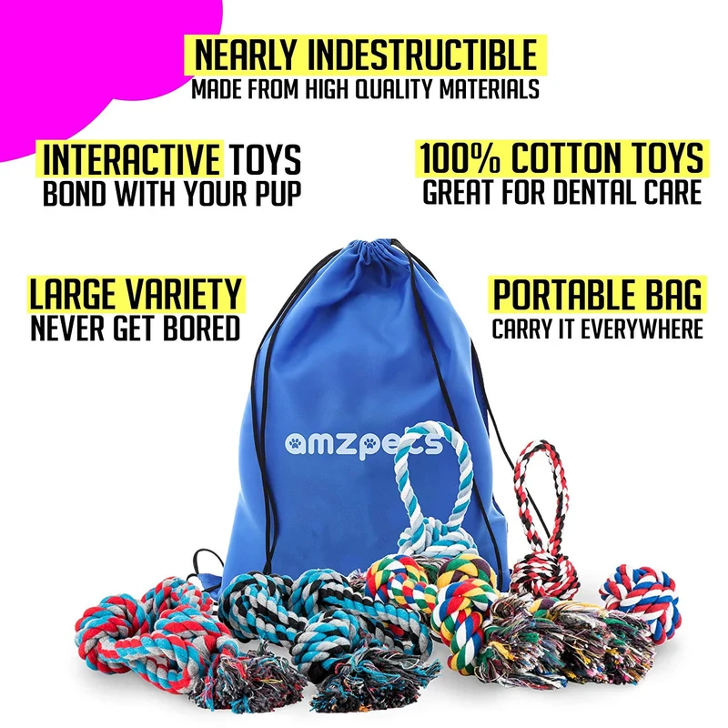 AMZpets Juego de juguetes para perros grandes y masticadores agresivos, 7 cuerdas de algodón casi indestructibles. Juego de juguetes dentales resistentes y duraderos para masticar razas grandes, dientes de cachorro, juego de guerra