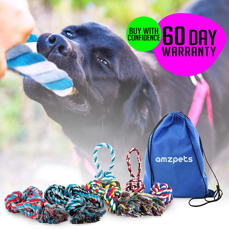 AMZpets Juego de juguetes para perros grandes y masticadores agresivos, 7 cuerdas de algodón casi indestructibles. Juego de juguetes dentales resistentes y duraderos para masticar razas grandes, dientes de cachorro, juego de guerra