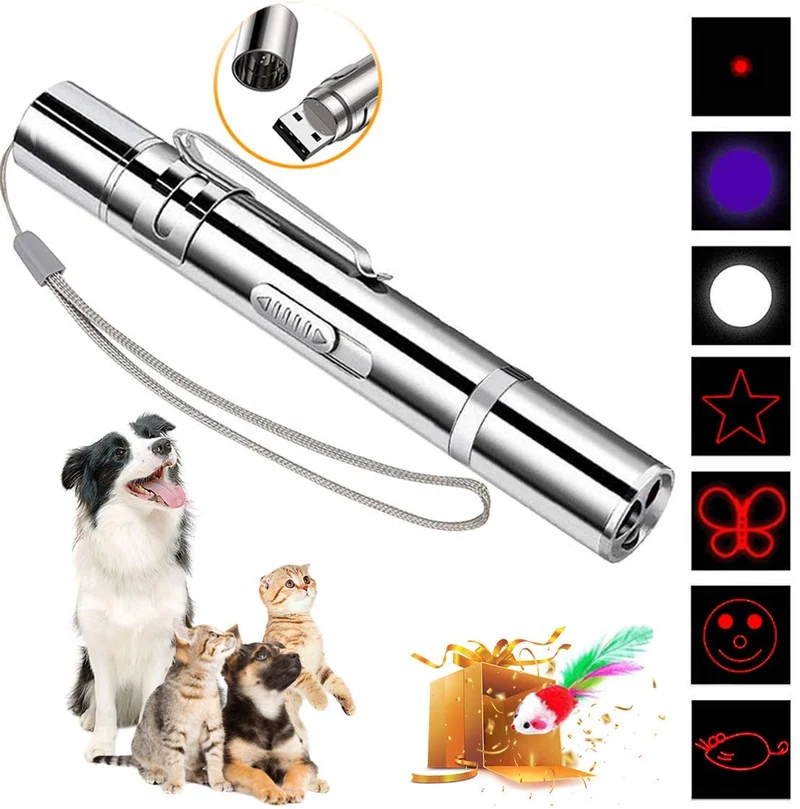 DMY Cat Toys Interactive-7 en 1 Función Chaser Juguete-USB Recargable-Multi Patrón Funny & Mini Linterna Interactiva LED Luz Entretenimiento Herramienta de Entrenamiento para Mascotas