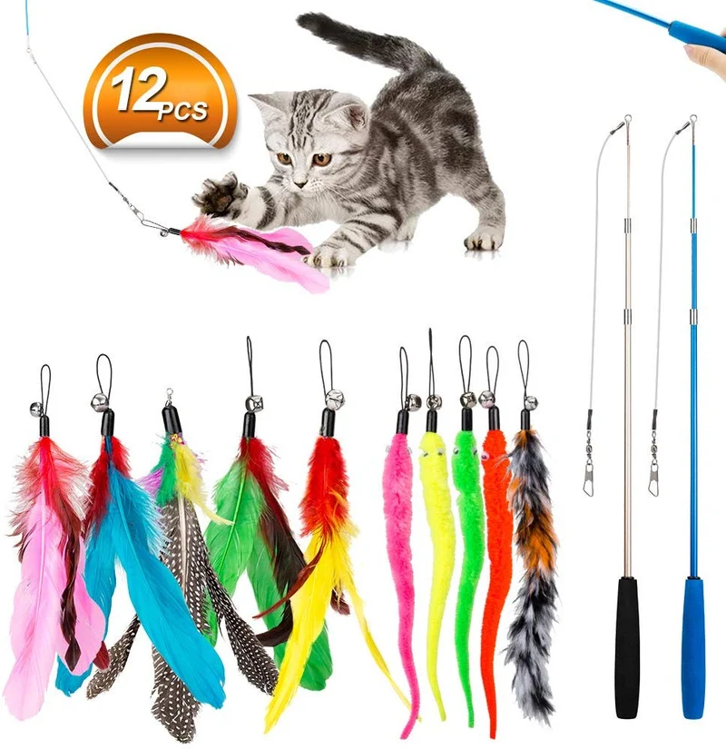 Juguete para gatos con plumas de JIARON, 2 piezas retráctiles de juguete para gatos y 10 piezas de repuesto con relleno de campana, temporizador interactivo y divertido ejercicio para gatos o gatos.
