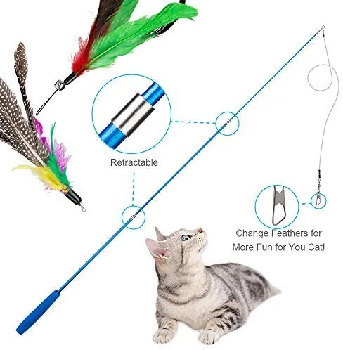 Juguete para gatos con plumas de JIARON, 2 piezas retráctiles de juguete para gatos y 10 piezas de repuesto con relleno de campana, temporizador interactivo y divertido ejercicio para gatos o gatos.