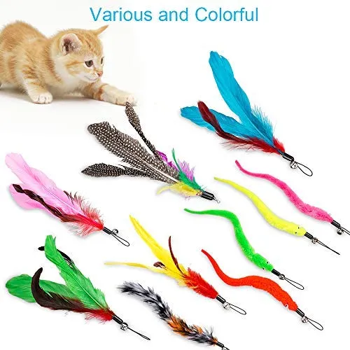 Juguete para gatos con plumas de JIARON, 2 piezas retráctiles de juguete para gatos y 10 piezas de repuesto con relleno de campana, temporizador interactivo y divertido ejercicio para gatos o gatos.