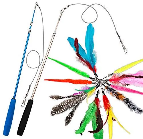 Juguete para gatos con plumas de JIARON, 2 piezas retráctiles de juguete para gatos y 10 piezas de repuesto con relleno de campana, temporizador interactivo y divertido ejercicio para gatos o gatos.