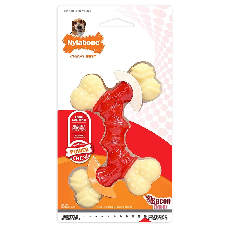 Nylabone Dura Hueso doble masticable, sabor tocino, Rojo