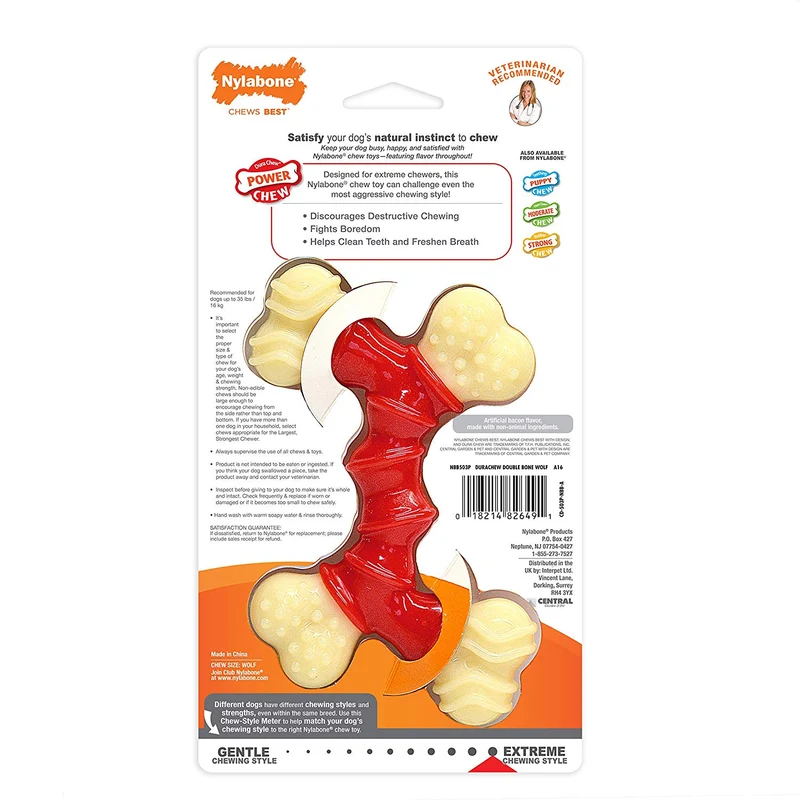Nylabone Dura Hueso doble masticable, sabor tocino, Rojo