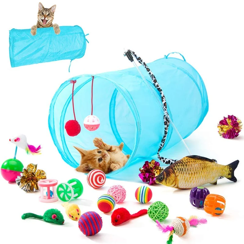 HIPET 21 piezas Juguetes interactivos para gatos, juguetes surtidos, bolas de túnel, plumas de pescado, varita de ratones, Básico