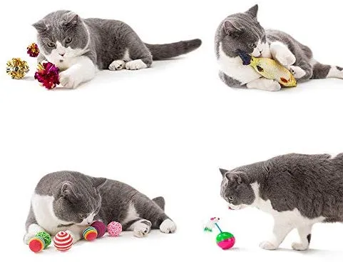 HIPET 21 piezas Juguetes interactivos para gatos, juguetes surtidos, bolas de túnel, plumas de pescado, varita de ratones, Básico