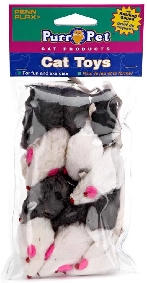 Ratones con pelo, juguetes para gato, bolsa de 12 ratones mixtos con sonido, 3 colores, paquete variado de Penn Plax