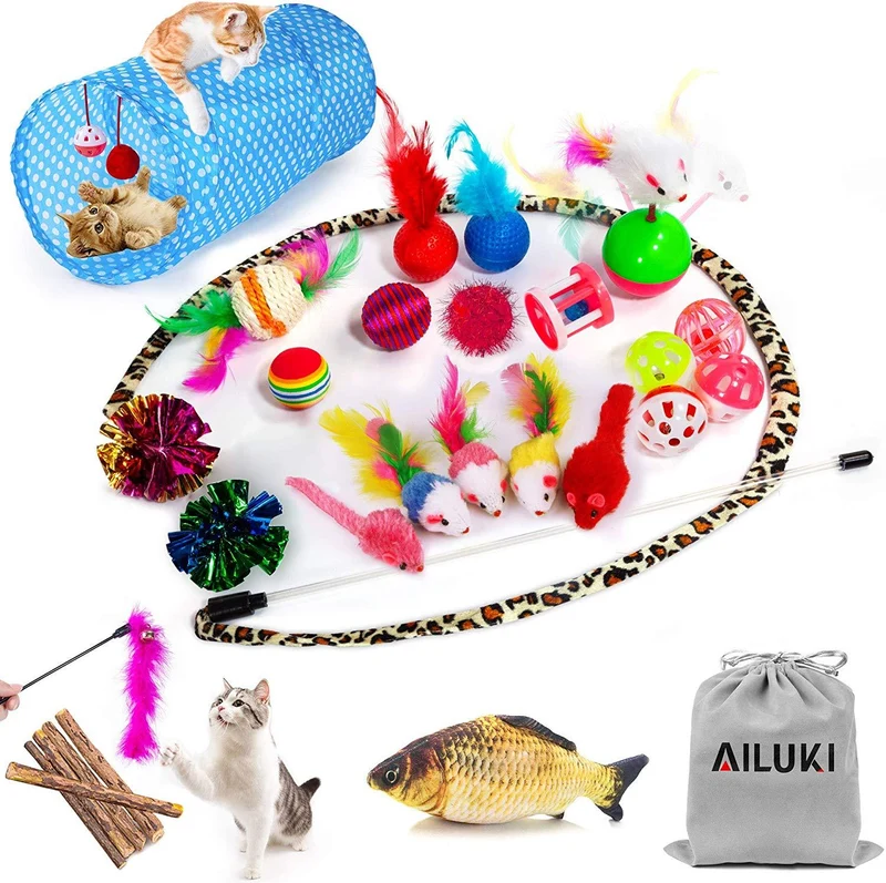 Ailuki - Juego de juguetes para gatos, 26 piezas, varios juguetes, incluye túnel de 2 vías, plumas de gato, pez de gato, ratón, pelotas de colores y campanas para gato, cachorro, gatito