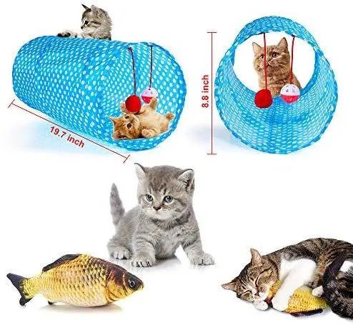 Ailuki - Juego de juguetes para gatos, 26 piezas, varios juguetes, incluye túnel de 2 vías, plumas de gato, pez de gato, ratón, pelotas de colores y campanas para gato, cachorro, gatito