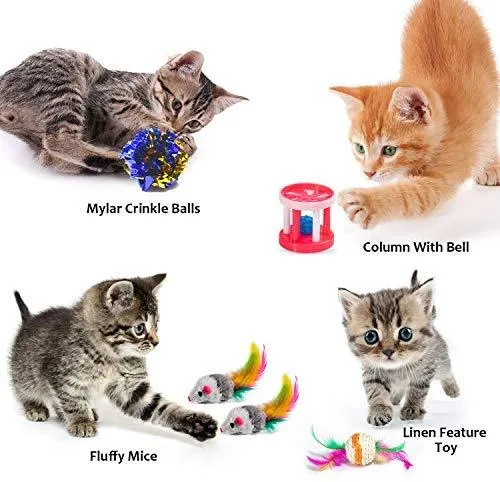 Ailuki - Juego de juguetes para gatos, 26 piezas, varios juguetes, incluye túnel de 2 vías, plumas de gato, pez de gato, ratón, pelotas de colores y campanas para gato, cachorro, gatito