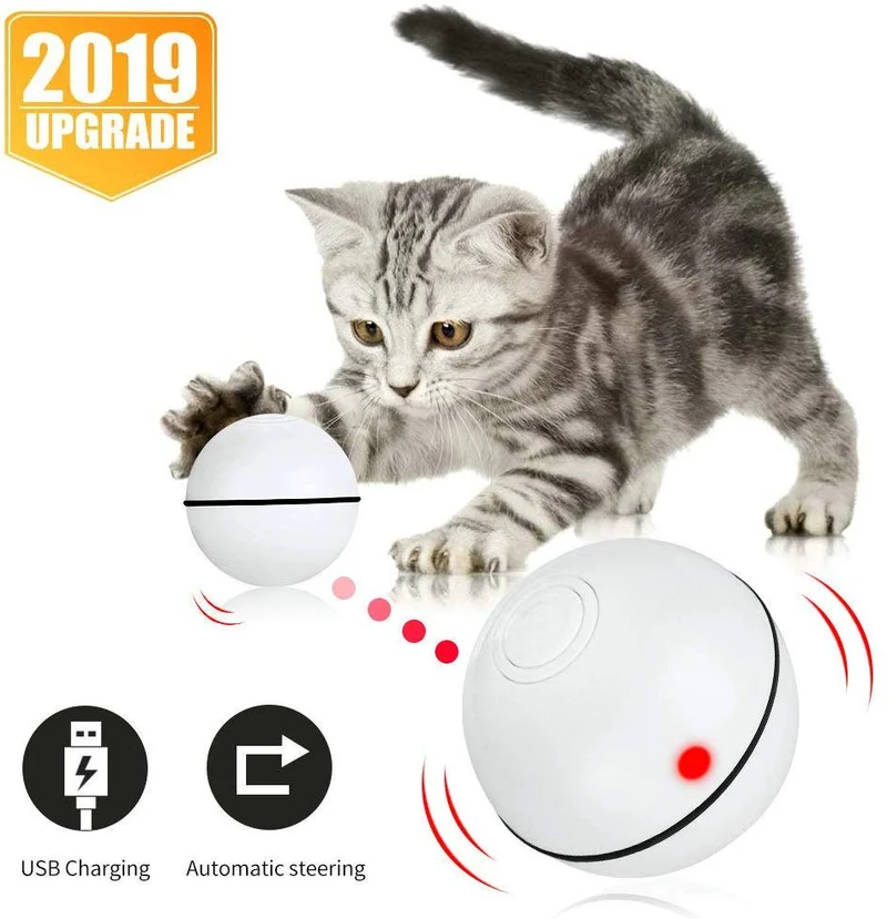 Pakoo Juguete interactivo para gato, juguete de gatito con ruedas automático, bola de movimiento recargable por USB, luz LED giratoria con función de temporizador, el mejor regalo para tu gatito