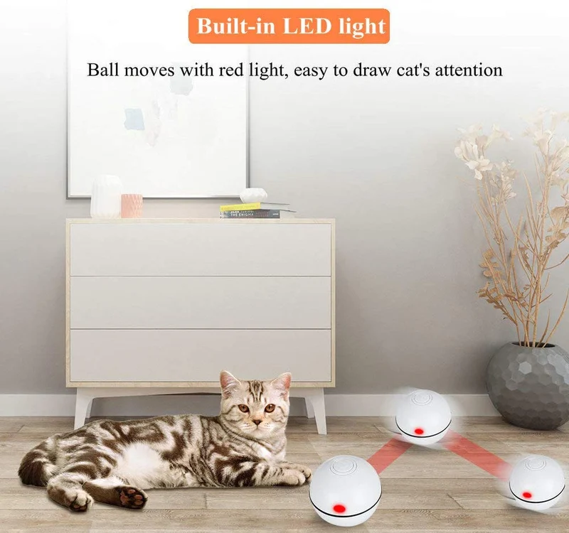 Pakoo Juguete interactivo para gato, juguete de gatito con ruedas automático, bola de movimiento recargable por USB, luz LED giratoria con función de temporizador, el mejor regalo para tu gatito