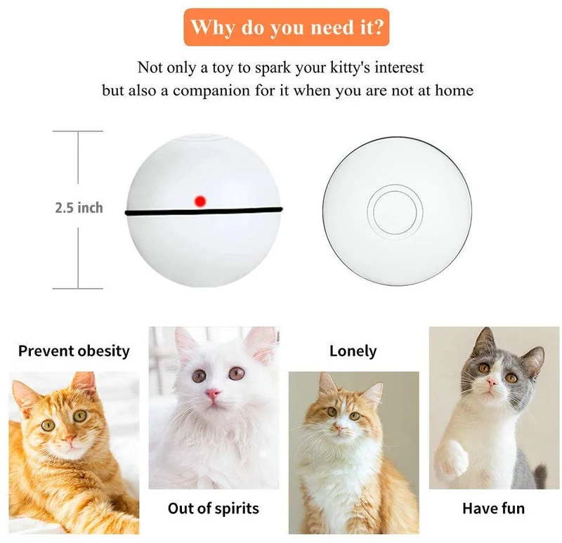 Pakoo Juguete interactivo para gato, juguete de gatito con ruedas automático, bola de movimiento recargable por USB, luz LED giratoria con función de temporizador, el mejor regalo para tu gatito
