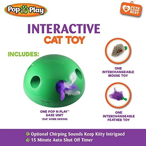 Allstar Innovations Pop N’ Play Interactive Motion Cat Toy, Includes: Electronic Smart Random Moving Feather & Mouse Teaser, Mouse Squeak Sound Optional & Auto Shut Off. Best Cat Toy Ever!