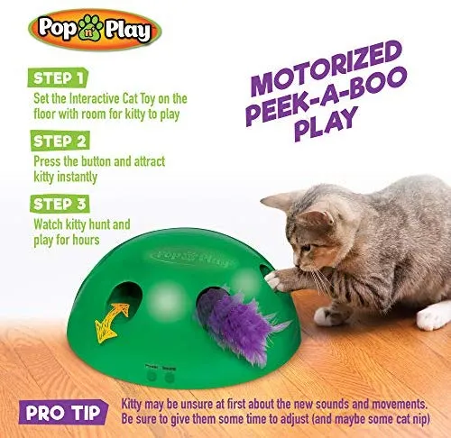 Allstar Innovations Pop N’ Play Interactive Motion Cat Toy, Includes: Electronic Smart Random Moving Feather & Mouse Teaser, Mouse Squeak Sound Optional & Auto Shut Off. Best Cat Toy Ever!