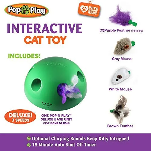 Allstar Innovations Pop N’ Play Interactive Motion Cat Toy, Includes: Electronic Smart Random Moving Feather & Mouse Teaser, Mouse Squeak Sound Optional & Auto Shut Off. Best Cat Toy Ever!