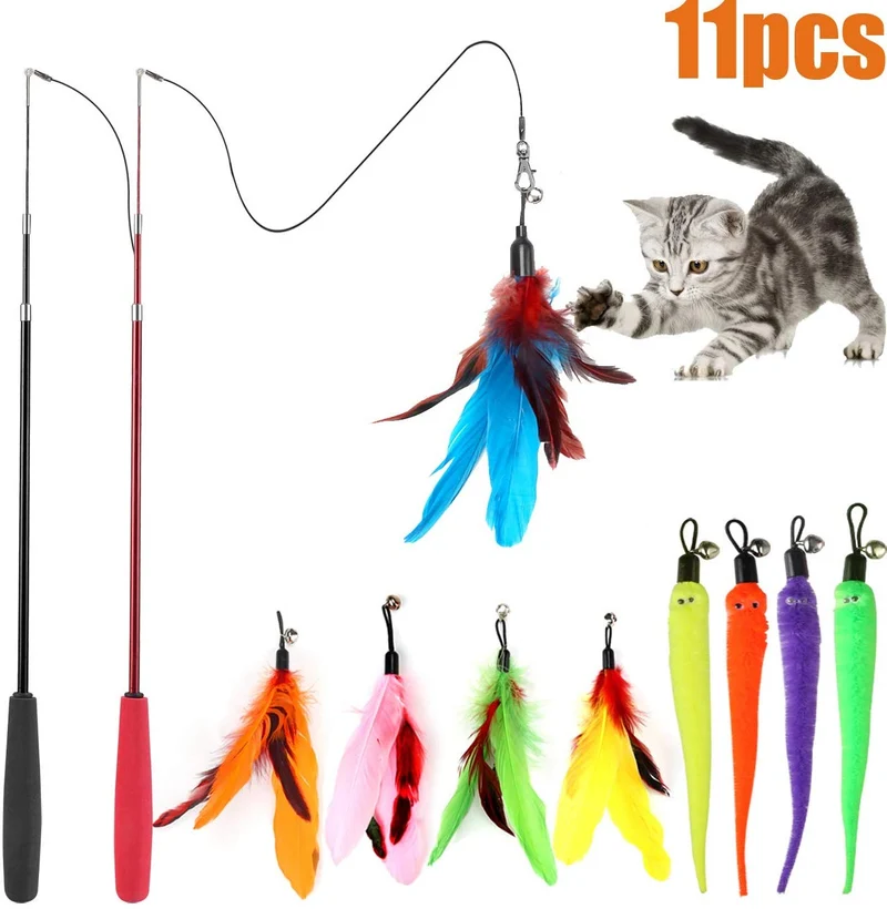 Juguete de plumas de gato, varita de juguete retráctil para gato, 2 varitas y 9 recambios surtidos, varita interactiva de plumas, juguete para gatito, gatito, gatito, tener divertido ejercitador jugando, Básico