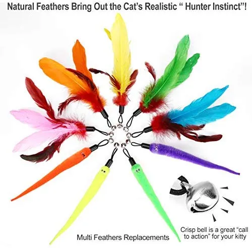 Juguete de plumas de gato, varita de juguete retráctil para gato, 2 varitas y 9 recambios surtidos, varita interactiva de plumas, juguete para gatito, gatito, gatito, tener divertido ejercitador jugando, Básico