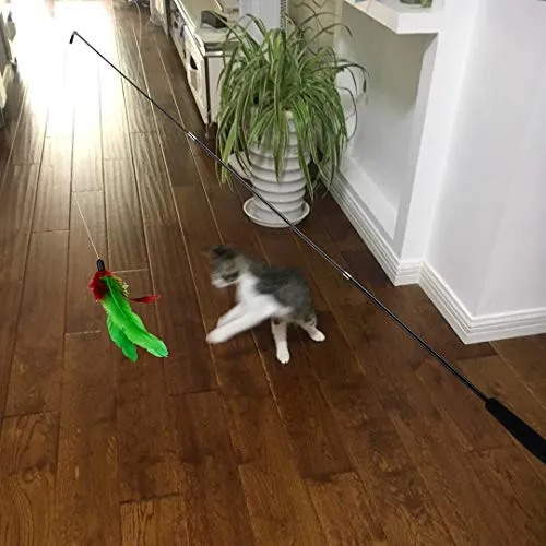 Juguete de plumas de gato, varita de juguete retráctil para gato, 2 varitas y 9 recambios surtidos, varita interactiva de plumas, juguete para gatito, gatito, gatito, tener divertido ejercitador jugando, Básico
