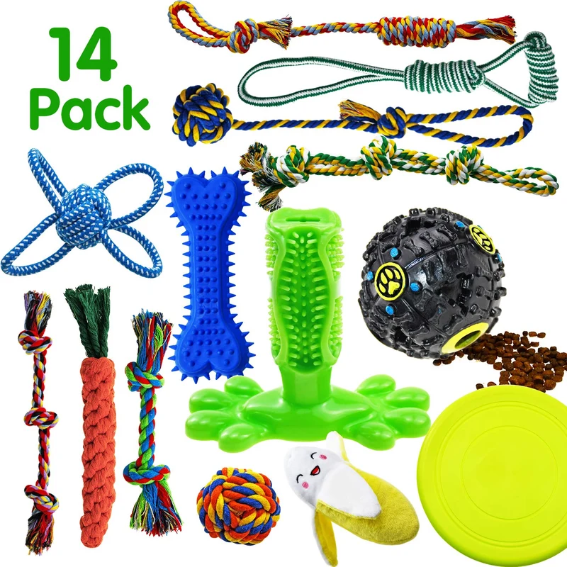 SHARLOVY Juguetes para masticar perros para cachorros, 14 unidades, cuerda de algodón natural para perros con nudo de bola de juguete para perros