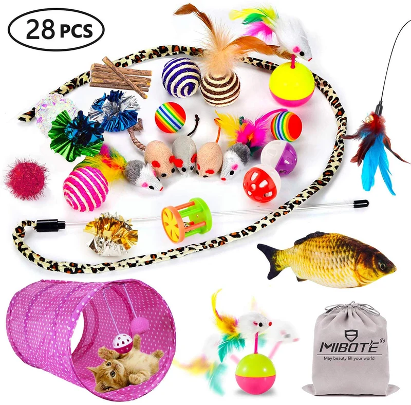 MIBOTE 24 piezas de juguetes para gatos, juguetes de gato, surtidos, túnel de 2 vías, pescado, molinillo de plumas interactivo, ratón esponjoso, jaula de ratones, bolas de arcoíris arrugadas campanas juguetes para cachorro gatito, Básico