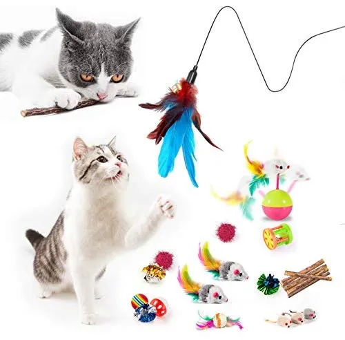 MIBOTE 24 piezas de juguetes para gatos, juguetes de gato, surtidos, túnel de 2 vías, pescado, molinillo de plumas interactivo, ratón esponjoso, jaula de ratones, bolas de arcoíris arrugadas campanas juguetes para cachorro gatito, Básico