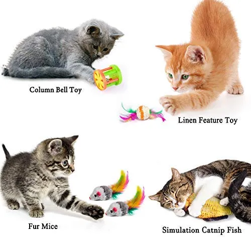 MIBOTE 24 piezas de juguetes para gatos, juguetes de gato, surtidos, túnel de 2 vías, pescado, molinillo de plumas interactivo, ratón esponjoso, jaula de ratones, bolas de arcoíris arrugadas campanas juguetes para cachorro gatito, Básico