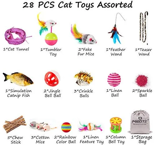 MIBOTE 24 piezas de juguetes para gatos, juguetes de gato, surtidos, túnel de 2 vías, pescado, molinillo de plumas interactivo, ratón esponjoso, jaula de ratones, bolas de arcoíris arrugadas campanas juguetes para cachorro gatito, Básico