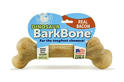 Pet Qwerks Dinosaurio BarkBone con real Bacon perro masticar juguete para masticadores agresivos, fabricado en Estados Unidos