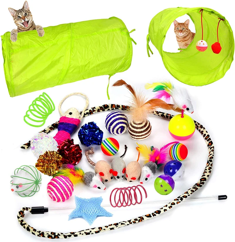 Youngever 24 juguetes para gatos juguetes surtidos, túnel de 2 vías, plumas para gatos – juguete interactivo de plumas esponjoso ratón, pelotas para gato, cachorro, gatito