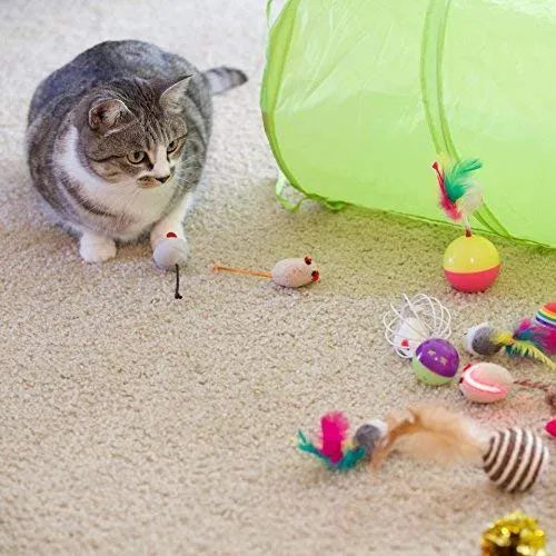 Youngever 24 juguetes para gatos juguetes surtidos, túnel de 2 vías, plumas para gatos – juguete interactivo de plumas esponjoso ratón, pelotas para gato, cachorro, gatito