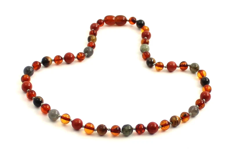 Collar de ámbar coñac, ojo de tigre y piedras preciosas