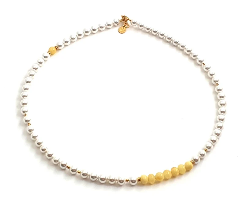 Collar Milky De Ámbar Con Plata Y Perlas De Concha