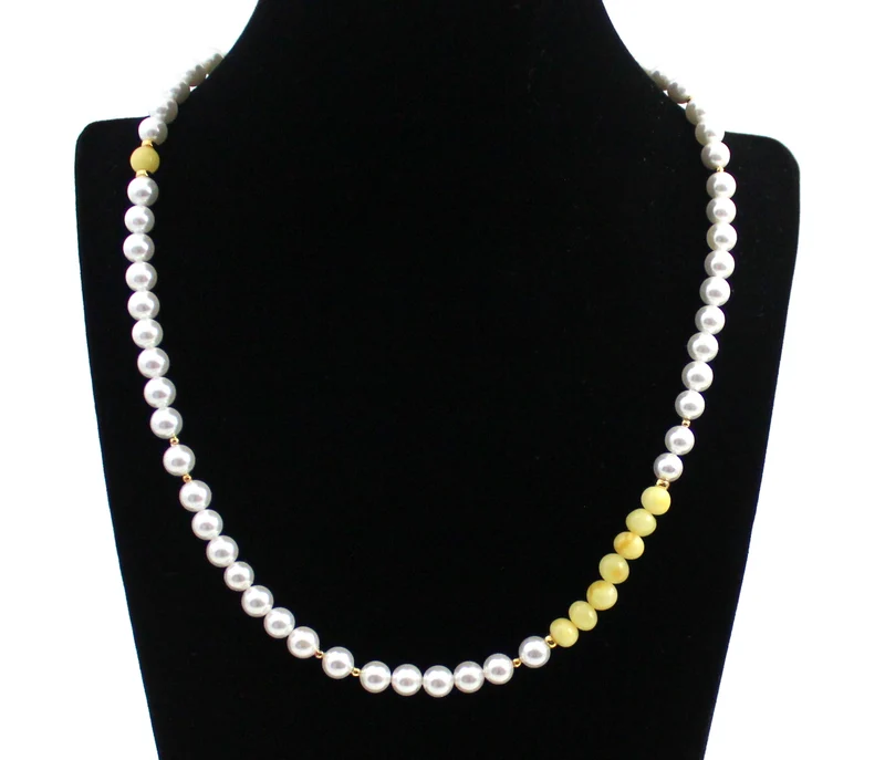 Collar Milky De Ámbar Con Plata Y Perlas De Concha