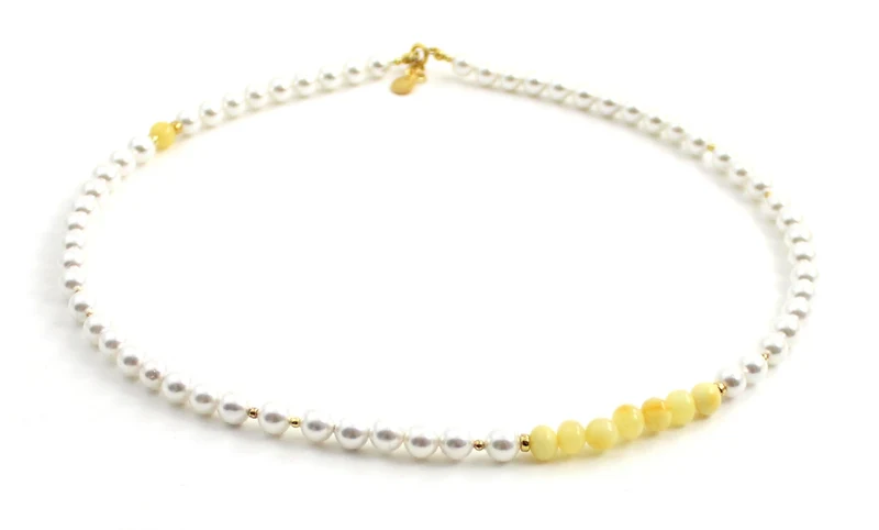 Collar Milky De Ámbar Con Plata Y Perlas De Concha