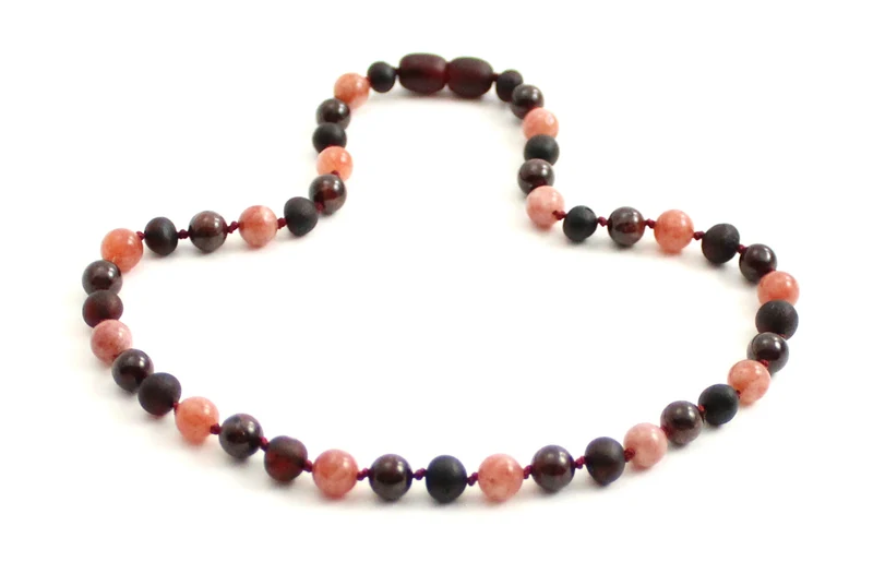 Collar de ámbar cereza sin pulir, piedra solar y granate