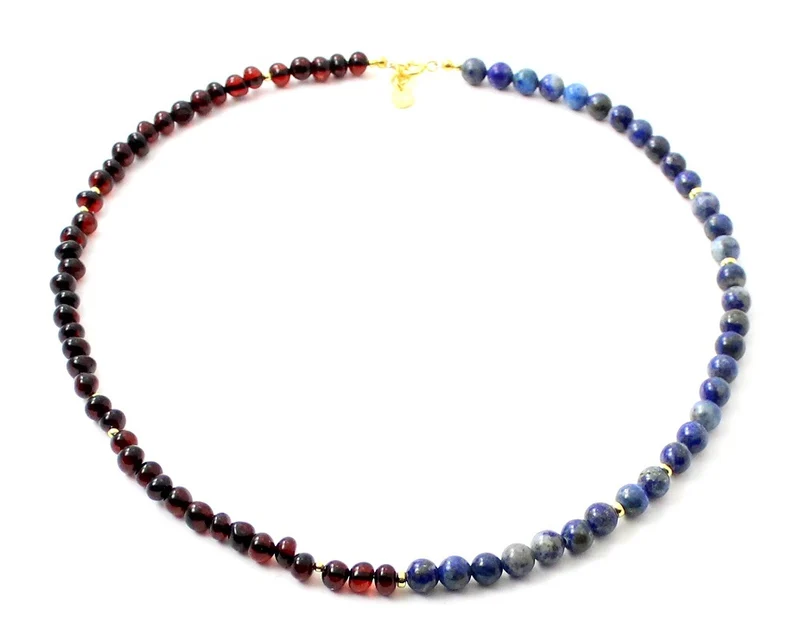 Collar Cereza Ámbar Con Lapislázuli Azul y Plata Dorada